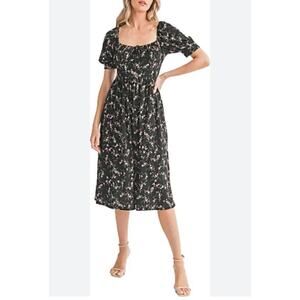 Lush Floral Midi Dress Size S Tie Bust Short Sleeve Black Pink Coquette Bow\]|